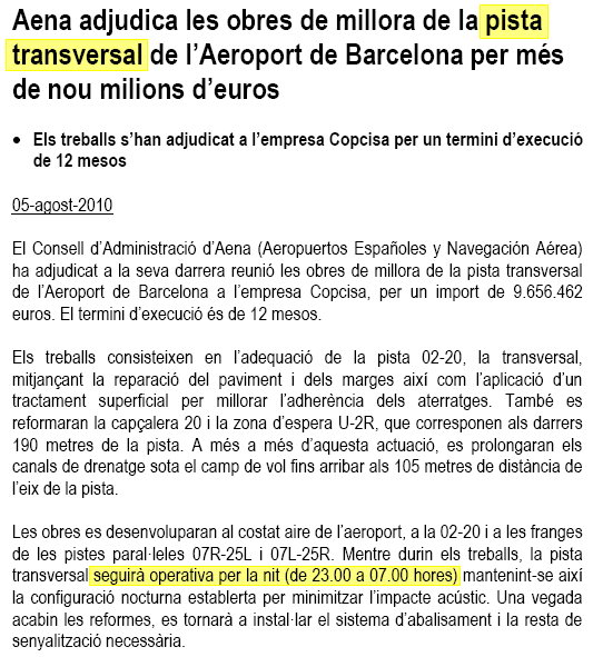 Nota de premsa d'AENA informant de l'adjudicaci de les obres de millora de la pista transversal de l'aeroport de Barcelona-El Prat (5 d'Agost de 2010)